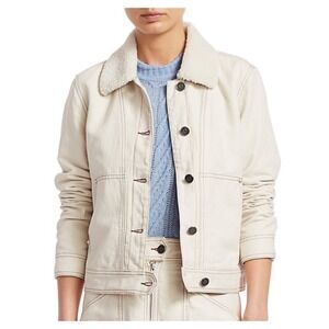 Joie Lev Faux Fur Collar Denim Jacket in Aged White Size Large Trucker